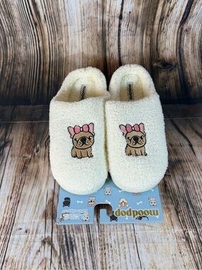 Moodpop Frenchie Slippers Womens XL 11 Ivory Memory Foam French Bulldog NWT Bow